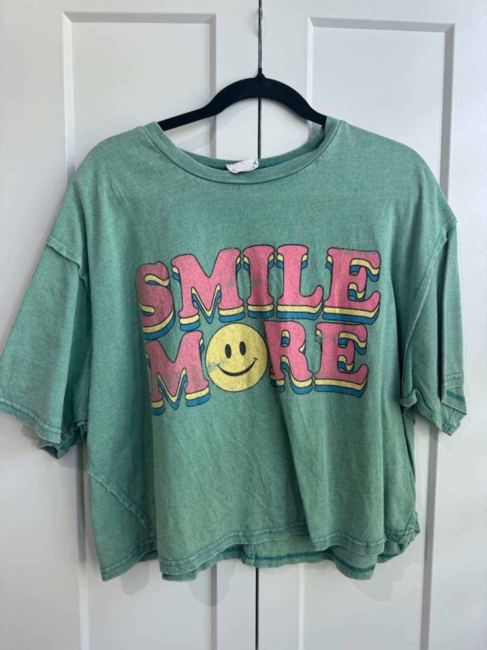 ARULA Mint Green "Smile More" Graphic Tee with Pink & Yellow Print